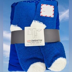 Liz Claiborne Women’s Four-Piece Sleep Set: Shirt Pant Socks & Blanket:50” x 60”